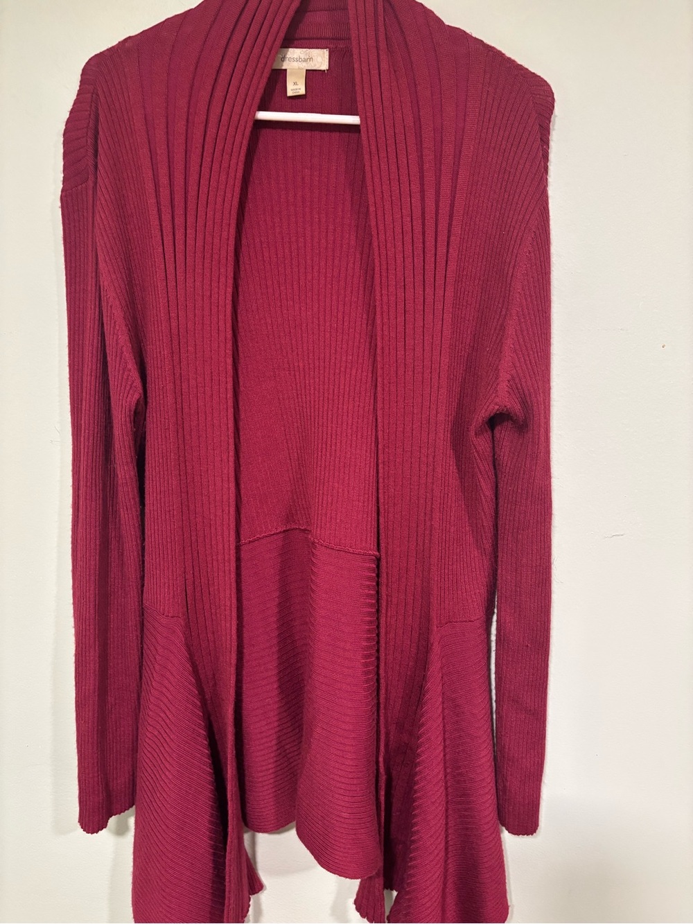 DressBarn Open-Front Ribbed Cardigan Sweater - Wine